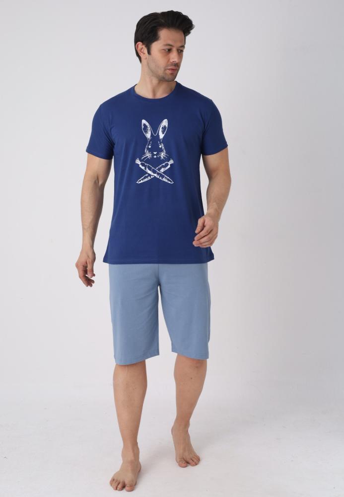 Pijama barbat cu maneca scurta si pantaloni 3/4, culoare bleumarin, Engros